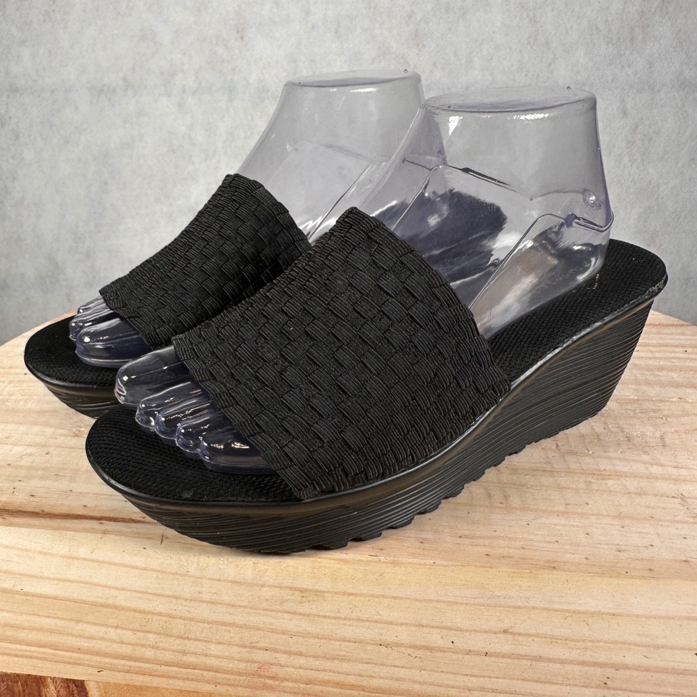 St. John's Bay Woven Wedge Slide Sandals Womens 8 Black Good Stretch Platform